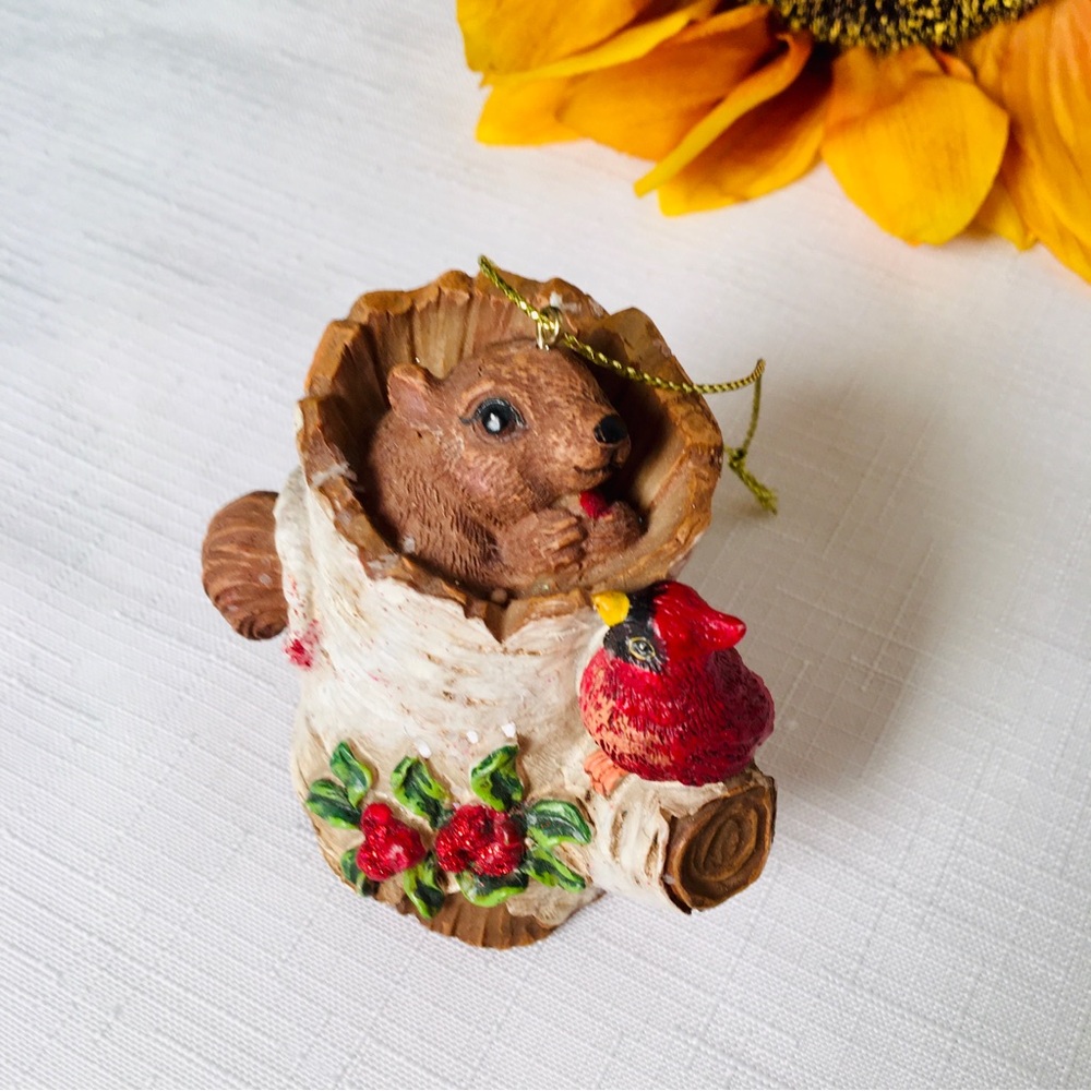 Christmas Ornament Squirrel & Cardinal on a Tree Trunk